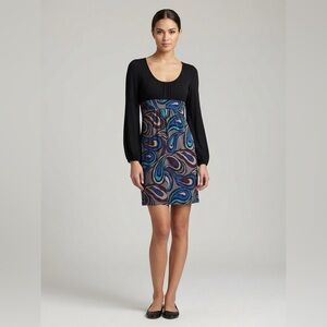 Trina Turk Sz 6 Silk Abstract Paisley Print Long Sleeve Empire Waist Mini Dress